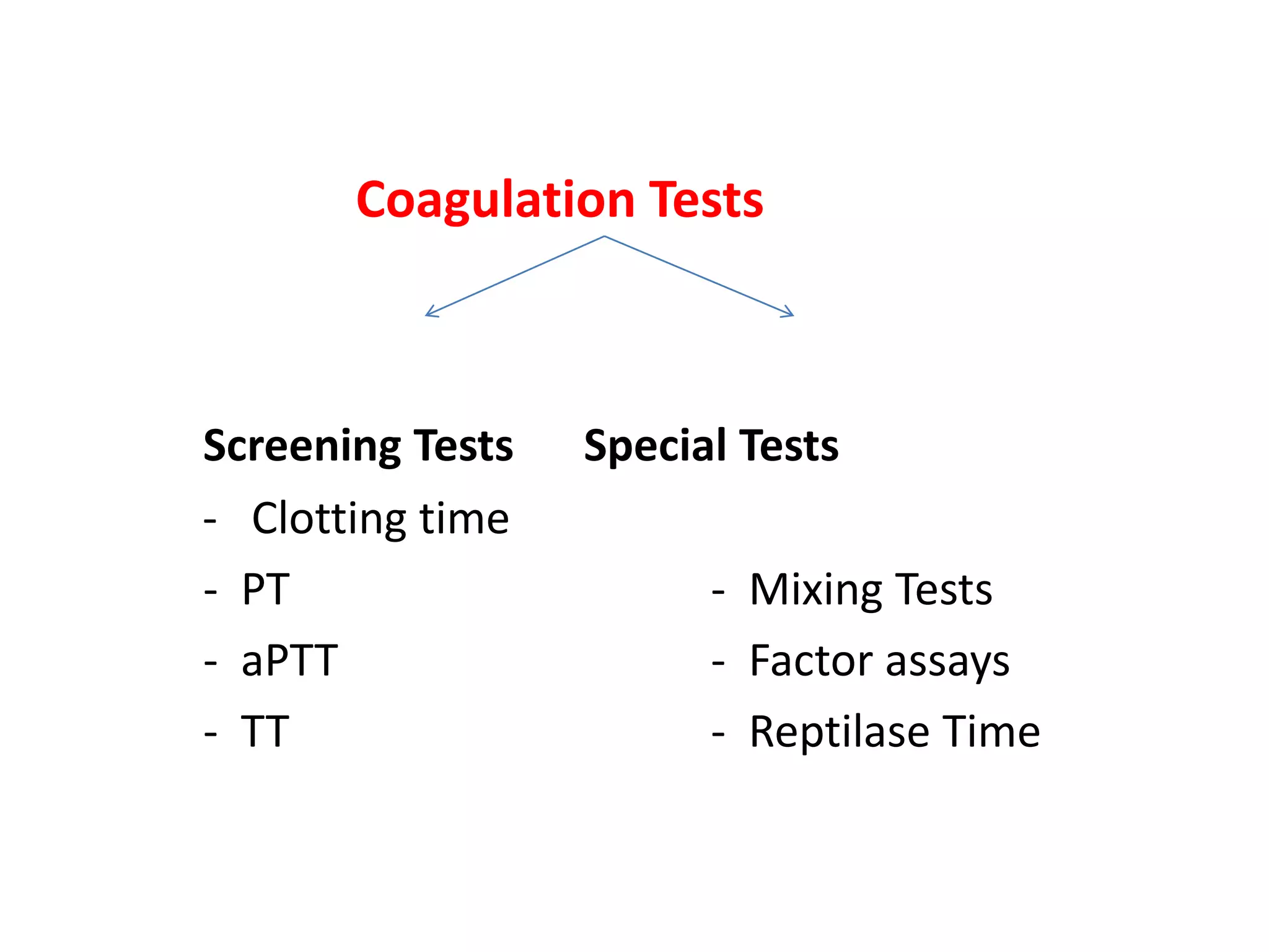 Coagulation Tests
Screening Tests Special Tests
- Clotting time
- PT - Mixing Tests
- aPTT - Factor assays
- TT - Reptilase Time
 