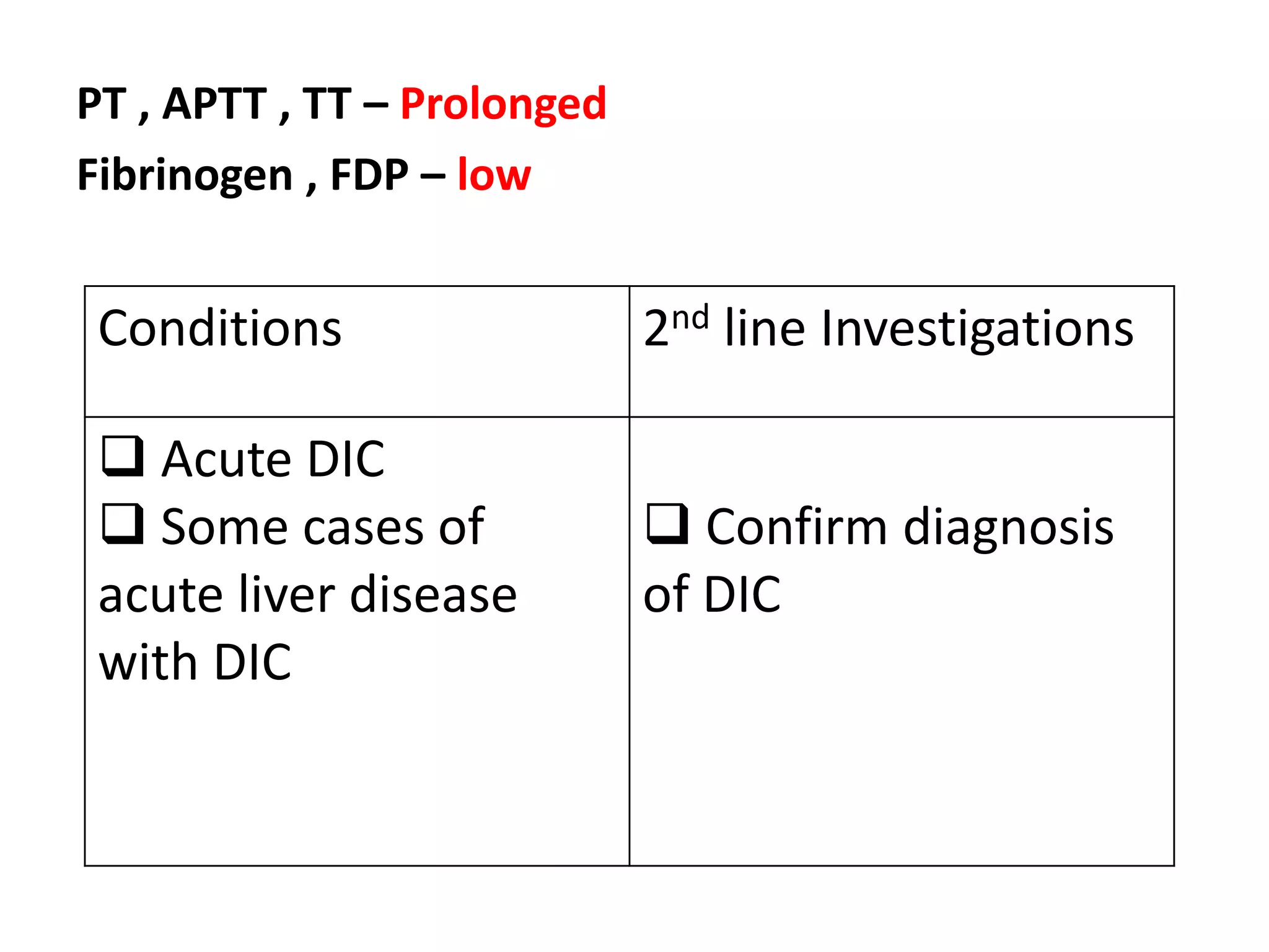 PT , APTT , TT – Prolonged
Fibrinogen , FDP – low
Conditions 2nd line Investigations
 Acute DIC
 Some cases of
acute liver disease
with DIC
 Confirm diagnosis
of DIC
 