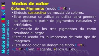 Modos de color
Arq.
Roberto
Carvajal
2020
Modos
de
color
RGB
y
CMYK
Colores Pigmento (modo CMYK )
• Síntesis sustractiva de mezcla de colores.
• Este proceso se utiliza se utiliza para generar
los colores a partir de pigmentos naturales y
artificiales.
• La mezcla de los tres pigmentos da como
resultado el negro.
• Este es usado en la impresión de todo tipo de
imágenes.
• Este modo color se denomina Modo CMYK.
• CMYK (Cyan, Magenta, Yellow & Key).
 
