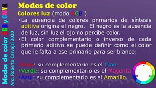 Modos de color
Arq.
Roberto
Carvajal
2020
Modos
de
color
RGB
y
CMYK
Colores luz (modo RGB )
• La ausencia de colores primarios de síntesis
aditiva origina el negro. El negro es la ausencia
de luz, sin luz el ojo no percibe color.
• El color complementario o inverso de cada
primario aditivo se puede definir como el color
que le falta a ese primario para ser blanco:
• Rojo: su complementario es el Cian.
• Verde: su complementario es el Magenta.
• Azul: su complementario es el Amarillo.
 