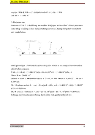 Analisa Struktur I 
 
Ir. H. Armeyn, MT   18 
 
segitiga GHB Δ H4 = (-3.48-0) (0) + (-3.483.829) (1) = -7.309
Jadi ΔH = -13.146.10-4
 
 
5. Conjugate truss
 
Lendutan di titik K, J, H di hitung berdasarkan “Conjugate Beam method” dimana perubahan
sudut ditiap titik yang ditinjau menjadi beban pada balok AB yang merupakan lower chord
dari rangka batang.
 
 
 
K =-13.146 x 10-4
J H
 
 
A B
K J H 7
 
2m 2m 2m 2m
RA
 
 
 
 
 
untuk perhitungan Lendutannya dapat dihitung dari momen di titik yang dicari lendutannya
 
akibat beban conjugate.
 
Σ MB = 0 RA.8 - (13.146.10-4
) (6) – (14.684.10-4
) (4) - (13.146.10-4
) (2) = 0
Maka : RA = 20.488.10-4
Momen di dititik K. lendutan vertikal di K = ΔKv = Ra x 200 cm = 20.488.10-4
. 200 cm =
0.4098 cm
MJ lendutan vertikal di J = ΔJv = Ra x jarak – ΔK x jarak = 20.488.10-4
(400) - 13.146.10-4
 
(200) = 0.5566 cm
 
MH lendutan vertikal di H = ΔHv = 20.488.10-4
(600) - 13.146.10-4
(400) = 0.4098 cm
Sehingga hasil lendutan elastis batang dapat dilihat pada gambar di bawah ini :
 