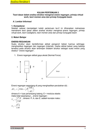 Analisa Struktur I 
 
Ir. H. Armeyn, MT   4 
 
0
KULIAH PERTEMUAN 2
Teori dasar dalam analisa struktur mengenai enersi regangan, prinsip virtual
work, teori momen area dan prinsip Conjugate beam
 
A. Lembar Informasi
 
1. Kompetensi
Setelah selesai mempelajari kuliah pertemuan ke-2 ini diharapkan mahasiswa
memahami teori dasar dalam analisa struktur mengenai enersi regangan, prinsip
virtual work, teori Castigliano, teori momen area dan prinsip Conjugate beam
2. Materi Belajar
ENERSI REGANGAN
Suatu struktur akan berdeformasi akibat pengaruh beban luarnya sehingga
menghasilkan tegangan dan regangan (internal). Usaha akibat beban yang bekerja
tersebut pada struktur akan tersimpan didalam struktur sebagai suatu enersi yang
disebut “ enersi regangan”.
 
1. Enersi regangan akibat gaya aksial (Normal Force)
 
 
P
 
 
L dl
 
linier
 
 
 
Δ
O
 
P
 
Enersi regangan sepanjang dl yang menghasilkan perubahan d∆ :
1 1 Pdl 
dUn 2
Pd2
P  ,
AE 
dimana A = luas penampang batang, E = modulus elastis
maka total sepanjang L , enersi regangan :
2
U
L P dl   , dimana P, A, dan E. adalah konstan maka :
n 
2AE
 
P2
L
Un 
2AE
 