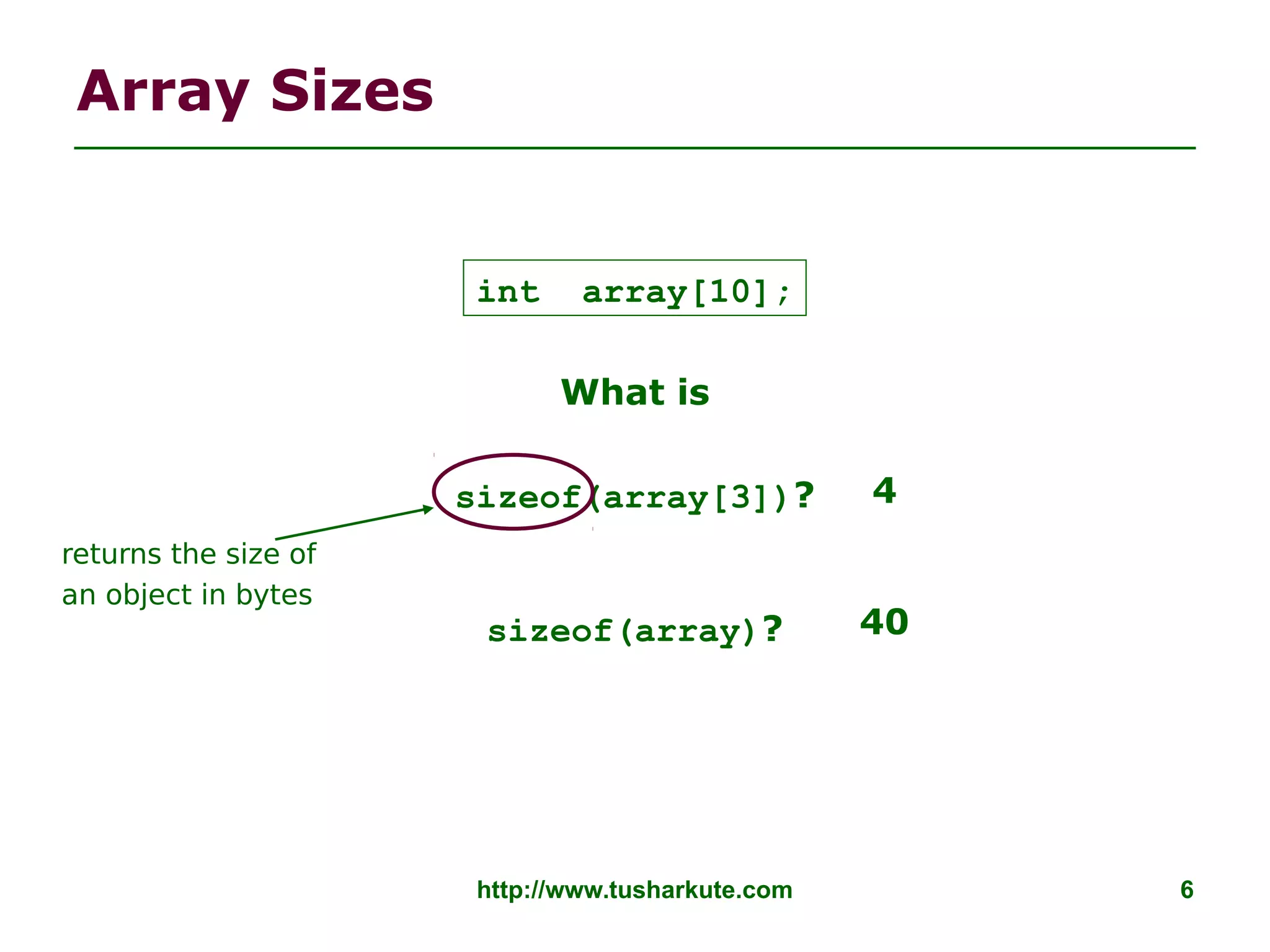http://www.tusharkute.com 6
Array Sizes
What is
sizeof(array[3])?
sizeof(array)?
int array[10];
4
40
returns the size of
an object in bytes
 