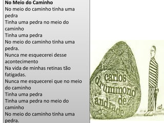 No Meio do Caminho 
No meio do caminho tinha uma pedra Tinha uma pedra no meio do caminho Tinha uma pedra No meio do caminho tinha uma pedra. 
Nunca me esquecerei desse acontecimento Na vida de minhas retinas tão fatigadas. Nunca me esquecerei que no meio do caminho Tinha uma pedra Tinha uma pedra no meio do caminho No meio do caminho tinha uma pedra.  