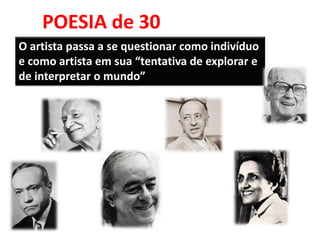 POESIA de 30 
O artista passa a se questionar como indivíduo e como artista em sua “tentativa de explorar e de interpretar o mundo”  