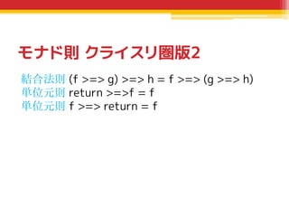 モナド則 クライスリ圏版2
結合法則 (f >=> g) >=> h = f >=> (g >=> h)
単位元則 return >=>f = f
単位元則 f >=> return = f

 