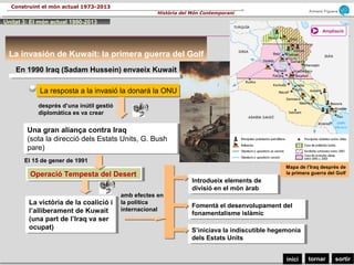 sortirtornarinici
Armand Figuera
Història del Món Contemporani
Construint el món actual 1973-2013
La invasión de Kuwait: la primera guerra del Golf
En 1990 Iraq (Sadam Hussein) envaeix Kuwait
La resposta a la invasió la donará la ONULa resposta a la invasió la donará la ONU
després d’una inútil gestió
diplomàtica es va crear
Una gran aliança contra Iraq
(sota la direcció dels Estats Units, G. Bush
pare)
Una gran aliança contra Iraq
(sota la direcció dels Estats Units, G. Bush
pare)
El 15 de gener de 1991
Operació Tempesta del DesertOperació Tempesta del Desert
La victòria de la coalició i
l’alliberament de Kuwait
(una part de l’Iraq va ser
ocupat)
La victòria de la coalició i
l’alliberament de Kuwait
(una part de l’Iraq va ser
ocupat)
amb efectes en
la política
internacional
Introdueix elements de
divisió en el món àrab
Introdueix elements de
divisió en el món àrab
Fomentà el desenvolupament del
fonamentalisme islàmic
Fomentà el desenvolupament del
fonamentalisme islàmic
S’iniciava la indiscutible hegemonia
dels Estats Units
S’iniciava la indiscutible hegemonia
dels Estats Units
Mapa de l’Iraq després de
la primera guerra del Golf
Ampliació
Unitat 3: El món actual 1990-2013
 