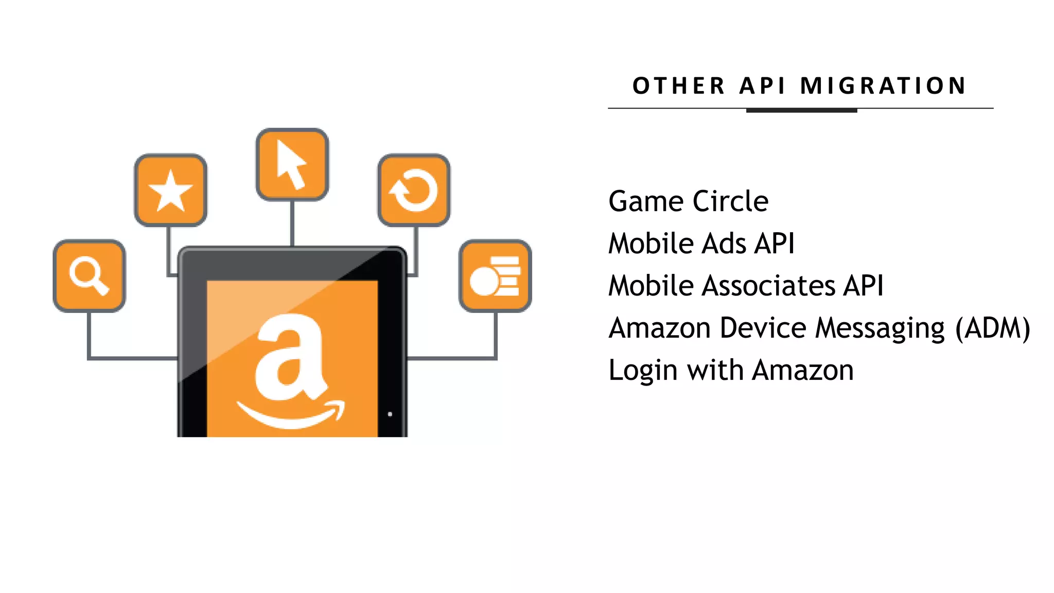 Game Circle
Mobile Ads API
Mobile Associates API
Amazon Device Messaging (ADM)
Login with Amazon
OT H E R A P I M I G R AT I O N
 