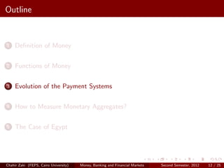 Outline


1    Deﬁnition of Money

2    Functions of Money

3    Evolution of the Payment Systems

4    How to Measure Monetary Aggregates?

5    The Case of Egypt




Chahir Zaki (FEPS, Cairo University)   Money, Banking and Financial Markets   Second Semester, 2012   12 / 25
 