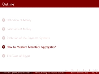 Outline


1    Deﬁnition of Money

2    Functions of Money

3    Evolution of the Payment Systems

4    How to Measure Monetary Aggregates?

5    The Case of Egypt




Chahir Zaki (FEPS, Cairo University)   Money, Banking and Financial Markets   Second Semester, 2012   15 / 25
 