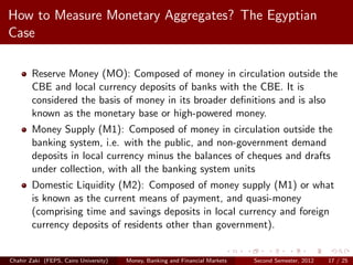 How to Measure Monetary Aggregates? The Egyptian
Case

        Reserve Money (MO): Composed of money in circulation outside the
        CBE and local currency deposits of banks with the CBE. It is
        considered the basis of money in its broader deﬁnitions and is also
        known as the monetary base or high-powered money.
        Money Supply (M1): Composed of money in circulation outside the
        banking system, i.e. with the public, and non-government demand
        deposits in local currency minus the balances of cheques and drafts
        under collection, with all the banking system units
        Domestic Liquidity (M2): Composed of money supply (M1) or what
        is known as the current means of payment, and quasi-money
        (comprising time and savings deposits in local currency and foreign
        currency deposits of residents other than government).


Chahir Zaki (FEPS, Cairo University)   Money, Banking and Financial Markets   Second Semester, 2012   17 / 25
 
