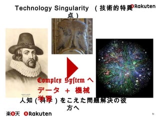 31
Technology Singularity （技術的特異点）
人知（科学）をこえた問題解決の彼方へ
Complex Systemへ
データ + 機械学習
 