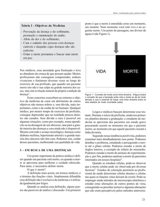 Morte: considerações para a prática médica




                                                          ponto é que a morte é entendida como um momento,
 Tabe la I - Obje tivos da M e dicina                     um instante. Num momento você está vivo e no se-
 - Prevenção da doença e do sofrimento,                   guinte morto. Um ponto de passagem, um divisor de
                                                          águas (vide Figura 1).
   promoção e manutenção da saúde;
 - Alívio da dor e do sofrimento;
 - Cura e cuidado das pessoas com doenças
   curáveis e daquelas cujas doenças não são
   curáveis;
 - Evitar a morte prematura e buscar uma morte
   em paz.


Nos médicos, essa ansiedade gera frustração e leva
ao abandono da crença de que possam ajudar. Muitos
                                                                     VIDA                           MORTE
profissionais não conseguem compreender, embora
vivenciem o fenômeno diversas vezes ao longo do
exercício de sua profissão, que quando um paciente
morre isto não é sua culpa na grande maioria dos ca-
sos, mas sim evolução natural da própria condição da
doença3 .                                                 Figura 1 – Conceito de morte como linha divisória. A figura ilustra
       Esses conceitos exacerbam ao extremo o obje-       o conceito de que a transição entre vida e morte se dá de modo
                                                          abrupto e que é possível se traçar uma linha divisória entre os
tivo da medicina de curar em detrimento de outros         dois estados de modo inconteste (seta).
objetivos não menos nobres e, sem dúvida, mais im-
portantes, como o de cuidar do ser humano. Qualquer
médico, por menor tempo de exercício da profissão,               Leigos e médicos buscam determinar esse ins-
consegue depreender que na realidade poucos doen-         tante. Durante o início da profissão, ainda nos primei-
tes são curados. Sem dúvida a cura é possível em          ros plantões durante a graduação, o estudante de me-
algumas situações, como por exemplo, numa apendi-         dicina se aproxima dos pacientes em estado grave
cite ou na drenagem de um abscesso, mas para a gran-      procurando assistir ao momento em que o paciente
de maioria das doenças a cura ainda não é disponível.     morre; ao momento em que aquele paciente cruzará a
Mesmo com todo o avanço tecnológico, doenças como         linha divisória.
diabetes mellitus, hipertensão arterial e a grande mai-          Seguindo nossa tendência positivista, podemos
oria dos cânceres não têm cura. Podemos sim, cuidar       examinar mais detalhadamente esse ponto. Podemos
desses pacientes, melhorando sua qualidade de vida.       detalhar o problema, estudando e perseguindo a mor-
                                                          te até o plano celular. Podemos estudar a morte de
3 – EM BUSCA DE UMA DEFINIÇAO                             órgãos inteiros, a exemplo do infarto do miocárdio.
                                                          Podemos estudar a morte de animais de experimenta-
       Um ponto importante da prática médica é defi-      ção e, por fim, podemos analisar a morte de pacientes
nir quando um paciente está morto, ou quando a mor-       internados em nossos hospitais4 .
te se aproxima para melhorar o cuidado oferecido.                Quando se estudam células, pode-se observar
Para tanto, é necessário definir morte.                   que a morte celular pode ser observada por diversas
       O que é morte?                                     técnicas5 . Estudos de coloração permitem ao profis-
       A definição mais aceita, em termos médicos, é      sional da saúde determinar células doentes e células
o término das funções vitais. Amplamente difundida        nas quais as funções vitais deixam de existir. Pode-se
essa definição não é exclusiva da medicina e é utiliza-   empregar ainda métodos de microscopia eletrônica e
da igualmente por leigos.                                 estudar estas alterações de outros pontos de vista,
       Quando se analisa essa definição, alguns pon-      conseguindo-se perceber inclusive algumas alterações
tos são passíveis de análise e discussão. Um primeiro     que não eram perceptíveis pelos métodos anteriores.


                                                                                                                             21
 