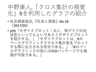 中野康人,「クロス集計の視覚
化」Rを利用したグラフの紹介
• 社会調査協会,『社会と調査』No.18
（2017/03）
• p93「モザイクプロット：次に、帯グラフの完
成型といってもよいであろうモザイクプロット
を紹介する。」「モザイクプロットは、Rの
ベースグラフィックでクロス集計表をプロット
する際に出力される形式である。」「Rのベー
スグラフィックの他にはVCDパッケージでも描
画が可能である。」
 