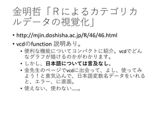 金明哲「Ｒによるカテゴリカ
ルデータの視覚化」
• http://mjin.doshisha.ac.jp/R/46/46.html
• vcdのfunction 説明あり。
• 便利な機能についてコンパクトに紹介。vcdでどん
なグラフが描けるのかがわかります。
• しかし、日本語については言及なし。
• 金先生のページでvcdに出会って、よし、使ってみ
よう！と意気込んで、日本語変数名データをいれる
と、エラー、に直面。
• 使えない、使わない…..。
 