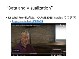 “Data and Visualization”
• Micahel Frendly先生、CARME2015, Naples での講演
• https://youtu.be/uti5FIFJsN4
 