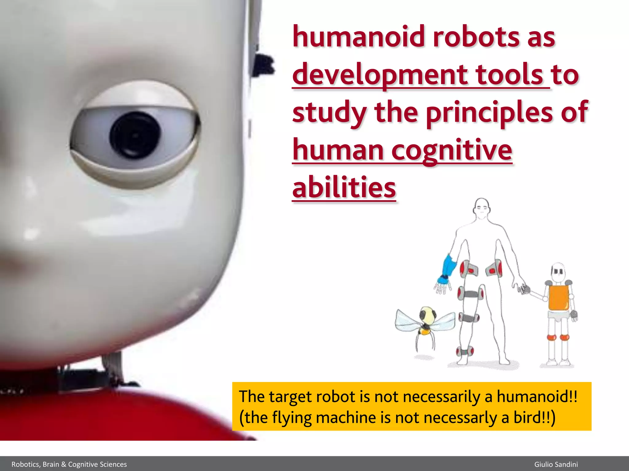 humanoid robots as
development tools to
study the principles of
human cognitive
abilities

The target robot is not necessarily a humanoid!!
(the flying machine is not necessarly a bird!!)
Robotics, Brain & Cognitive Sciences

Giulio Sandini

 