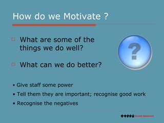 How do we Motivate ? What are some of the things we do well? What can we do better? Give staff some power Tell them they are important; recognise good work Recognise the negatives 