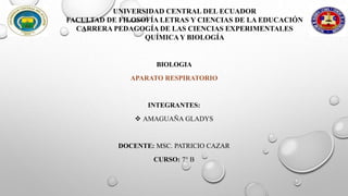 UNIVERSIDAD CENTRAL DEL ECUADOR
FACULTAD DE FILOSOFÍA LETRAS Y CIENCIAS DE LA EDUCACIÓN
CARRERA PEDAGOGÍA DE LAS CIENCIAS EXPERIMENTALES
QUÍMICAY BIOLOGÍA
BIOLOGIA
APARATO RESPIRATORIO
INTEGRANTES:
 AMAGUAÑA GLADYS
DOCENTE: MSC. PATRICIO CAZAR
CURSO: 7° B
 