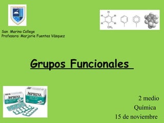 San Marino College
Profesora: Marjorie Fuentes Vásquez




               Grupos Funcionales


                                               2 medio
                                             Química
                                      15 de noviembre
 