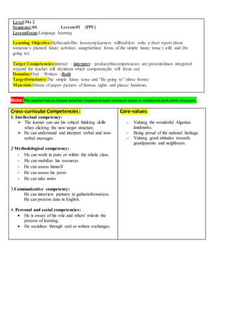 Level:Ms 2
Sequence:04 Lesson:01 (PPU)
LessonFocus:Language learning
Learning Objective:Bytheendofthe lesson,mylearners willbeableto write a short report about
someone’s planned future activities usingthethree forms of the simple future tense ( will) and (be
going to).
Target Competencies:interact – interpret– produce(thecompetencies are presentedinan integrated
wayand the teacher will decideon which competencyhe will focus on)
Domains:Oral – Written - Both
TargetStructures:The simple future tense and “Be going to” (three forms).
Materials:Sheets of paper/ pictures of famous sights and places/ handouts.
Note:The teacherhasto choose whethertopresenteachstructure alone or combinedwithotherstructure.
Cross-curricular Competencies:
1. Intellectual competency:
 The learner can use his critical thinking skills
when eliciting the new target structure.
 He can understand and interpret verbal and non-
verbal messages
2 Methodological competency:
- He can work in pairs or within the whole class.
- He can mobilize his resources
- He can assess himself
- He can assess his peers
- He can take notes
3.Communicative competency:
He can interview partners to gatherinformation.
He can process data in English.
4. Personal and social competencies:
 He is aware of his role and others' rolesin the
process of learning.
 He socialises through oral or written exchanges.
Core-values:
- Valuing the wonderful Algerian
landmarks.
- Being proud of the national heritage.
- Valuing good attitudes towards
grandparents and neighbours.
 