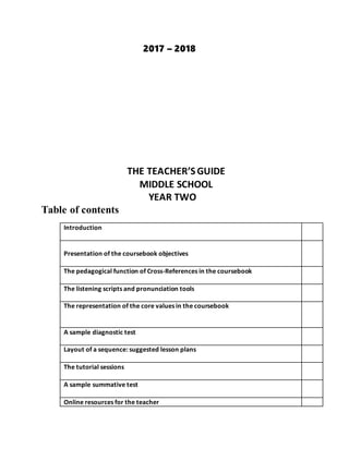 2017 – 2018
THE TEACHER’S GUIDE
MIDDLE SCHOOL
YEAR TWO
Table of contents
Introduction
Presentation of the coursebook objectives
The pedagogical function of Cross-References in the coursebook
The listening scripts and pronunciation tools
The representation of the core values in the coursebook
A sample diagnostic test
Layout of a sequence: suggested lesson plans
The tutorial sessions
A sample summative test
Online resources for the teacher
 