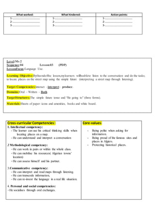 Cross-curricular Competencies:
1. Intellectual competency:
- The learner can use his critical thinking skills when
locating places on a map.
- He can understand and interpret a conversation
2 Methodological competency:
-He can work in pairs or within the whole class.
-He can mobilise his resources( Algerian towns’
location)
-He can assess himself and his partner.
3.Communicative competency:
- He can interpret and read maps through listening.
- He can transcode information,
- He can re-invest the language in a real life situation.
4. Personal and social competencies:
-He socialises through oral exchanges.
Core-values:
- Being polite when asking for
information.
- Being proud of the famous sites and
places in Algiers.
- Protecting historical places.
What worked: What hindered: Action points:
1-……………………………………
2-……………………………………
3-……………………………………
1-……………………………………
2-……………………………………
3-……………………………………
1-……………………………………
2-……………………………………
3-……………………………………
Level:Ms 2
Sequence:04 Lesson:03 (PDP)
LessonFocus:Language Use.
Learning Objective:Bytheendofthe lesson,mylearners willbeableto listen to the conversation and do the tasks;
to locate places on the street map using the simple future (interpreting a street map through listening).
Target Competencies:interact –interpret– produce.
Domains:Oral – Written – Both
TargetStructures:The simple future tense and “Be going to” (three forms).
Materials:Sheets of paper: icons and amenities, books and white board.
 