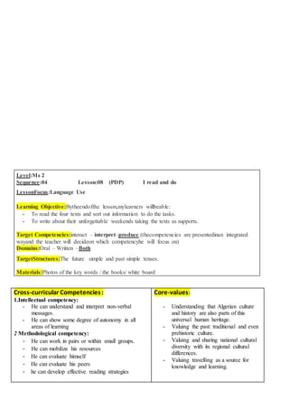 Level:Ms 2
Sequence:04 Lesson:08 (PDP) I read and do
LessonFocus:Language Use
Learning Objective:Bytheendofthe lesson,mylearners willbeable:
- To read the four texts and sort out information to do the tasks.
- To write about their unforgettable weekends taking the texts as supports.
Target Competencies:interact – interpret–produce.(thecompetencies are presentedinan integrated
wayand the teacher will decideon which competencyhe will focus on)
Domains:Oral – Written –Both
TargetStructures:The future simple and past simple tenses.
Materials:Photos of the key words / the books/ white board
Cross-curricular Competencies:
1.Intellectual competency:
- He can understand and interpret non-verbal
messages.
- He can show some degree of autonomy in all
areas of learning
2 Methodological competency:
- He can work in pairs or within small groups.
- He can mobilize his resources
- He can evaluate himself
- He can evaluate his peers
- he can develop effective reading strategies
Core-values:
- Understanding that Algerian culture
and history are also parts of this
universal human heritage.
- Valuing the past: traditional and even
prehistoric culture.
- Valuing and sharing national cultural
diversity with its regional cultural
differences.
- Valuing travelling as a source for
knowledge and learning.
 