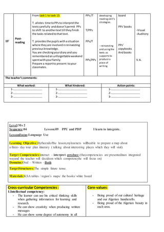 Level:Ms 2
Sequence:04 Lesson:09 PPU and PDP I learn to integrate.
LessonFocus:Language Use
Learning Objective:Bytheendofthe lesson,mylearners willbeable to prepare a map about
a three- day tour plan itinerary ( talking about interesting places which they will visit).
Target Competencies:interact – interpret–produce.(thecompetencies are presentedinan integrated
wayand the teacher will decideon which competencyhe will focus on)
Domains:Oral – Written –Both
TargetStructures:The simple future tense.
Materials:KSA tables / region’s maps/ the books/ white board
Cross-curricular Competencies:
1.Intellectual competency:
- The learner can use his critical thinking skills
when gathering information for learning and
research.
- He can show creativity when producing written
messages
- He can show some degree of autonomy in all
Core-values:
- Being proud of our cultural heritage
and our Algerian handicrafts.
- Being proud of the Algerian beauty in
each area.
15’
Post-
reading
From task1 to task 13.
T. allotes time toPPsto interpretthe
textscarefully anddoesn’tpermit PPs
to shift to anothertexttill theyfinish
the tasks relatedtothat text.
T. providesthe pupilswithasituation
where theyare involvedinreinvesting
previousknowledge.
You are checkingyourdiary and you
rememberedanunforgettableweekend
spentwithyourfamily.
Prepare a reportto present toyour
classmates.
PPs/T
T/PPs
PPs/T
PPs/PPs
developing
readingskill’s
strategies.
- reinvesting
and usingthe
texts as
supports to
produce a
piece of
writing.
board
PPs’books
PPs’
copybooks
Andbooks
-Visual
-Auditory
V.A.
The teacher’scomments:
What worked: What hindered: Action points:
1-……………………………………
2-……………………………………
3-……………………………………
1-……………………………………
2-……………………………………
3-……………………………………
1-……………………………………
2-……………………………………
3-……………………………………
 