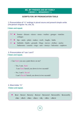11
SCRIPTS FOR: MY PRONUNCIATION TOOLS
ME, MY FRIENDS AND MY FAMILY
( BOOK 2 – SEQUENCE 1 )
1. Pronunciation of “s” endings in plural nouns and present simple verbs
(3rd person singular: he, she, it).
I listen and repeat.
2. Pronunciation of “can / can’t”
I listen and repeat.
– Can /k@n/ you use a judo throw on me?
	 – Yes, I can. /kæn/
I can /k@n/ knock you down in two seconds!
	 – No, I can’t. /kA:nt/
	 I can’t /kA:nt/ knock you down in two seconds!
3. Silent letter “h”
I listen and repeat.
/Iz/  houses – dresses – nieces – noses – washes – garages – matches 		
	 cottages
/s/	  lips – aunts – plaits – makes – roofs – laughs – baths
/z/  bathtubs – hijabs – grounds – blogs – moves – clothes – uncles 		
	 bathrooms – cousins – rings – ears – storeys – balconies – nephews
 hour – honest – honesty – honour – honoured – honourable – honourably
what – which – when – where – why – white – vehicle
 