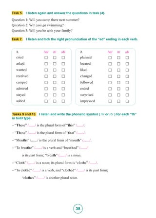 38
Task 5. I listen again and answer the questions in task (4).
Question 1: Will you camp there next summer?
Question 2: Will you go swimming?
Question 3: Will you be with your family?
Task 7. I listen and tick the right pronunciation of the “ed” ending in each verb.
1. /Id/ /t/ /d/
cried £ £ £
asked £ £ £
wanted £ £ £
received £ £ £
camped £ £ £
admired £ £ £
stayed £ £ £
added £ £ £
2. /Id/ /t/ /d/
planned £ £ £
located £ £ £
liked £ £ £
changed £ £ £
followed £ £ £
ended £ £ £
surprised £ £ £
impressed £ £ £
– “These” /......./ is the plural form of “this” /......./.
– “Those” /......./ is the plural form of “that” /......./.
– “Mouths” /......./ is the plural form of “mouth” /......./.
– “To breathe” /......./ is a verb and “breathed” /......./
	 is its past form; “breath” /......./ is a noun.
– “Cloth” /......./ is a noun; its plural form is “cloths” /......./.
– “To clothe” /......./ is a verb, and “clothed” /......./ is its past form;
	“clothes” /......./ is another plural noun.
Tasks 9 and 10. I listen and write the phonetic symbol ( /T/ or /D/ ) for each “th”
in bold type.
 