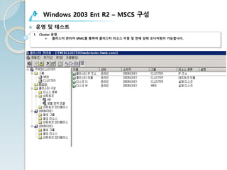 Windows 2003 Ent R2 – MSCS 구성
v 운영 및 테스트
1. Cluster 운영
Ø 클러스터 관리자 MMC를 통하여 클러스터 리소스 이동 및 현재 상태 모니터링이 가능합니다.
 