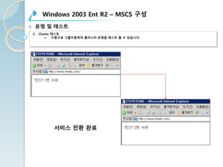 Windows 2003 Ent R2 – MSCS 구성
v 운영 및 테스트
2. Cluster 테스트
Ø 수동으로 그룹이동하여 클러스터 운영을 테스트 할 수 있습니다.
서비스 전환 완료
 