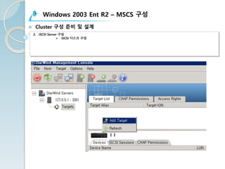 Windows 2003 Ent R2 – MSCS 구성
v Cluster 구성 준비 및 설계
2. iSCSI Server 구성
Ø iSCSI 디스크 구성
 