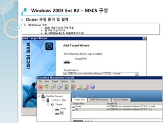 Windows 2003 Ent R2 – MSCS 구성
v Cluster 구성 준비 및 설계
2. iSCSI Server 구성
Ø iSCSI 가상 디스크 구성 완료
Ø 현 구성 가상 디스크
Ø W: 2GB(Web용) Q: 1GB(쿼럼 디스크)
 