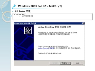 Windows 2003 Ent R2 – MSCS 구성
v AD Server 구성
1. AD 서버 설치
Ø AD 서버 설치 시작
 