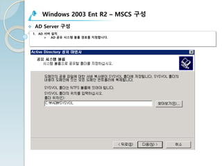 Windows 2003 Ent R2 – MSCS 구성
v AD Server 구성
1. AD 서버 설치
Ø AD 공유 시스템 볼륨 경로를 지정합니다.
 