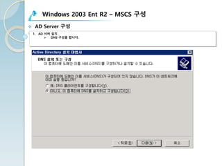 Windows 2003 Ent R2 – MSCS 구성
v AD Server 구성
1. AD 서버 설치
Ø DNS 구성을 합니다.
 