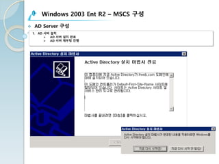 Windows 2003 Ent R2 – MSCS 구성
v AD Server 구성
1. AD 서버 설치
Ø AD 서버 설치 완료
Ø AD 서버 재부팅 진행
 