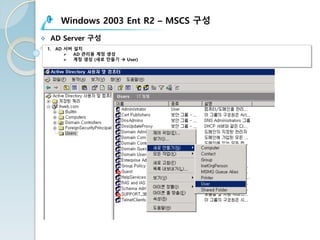 Windows 2003 Ent R2 – MSCS 구성
v AD Server 구성
1. AD 서버 설치
Ø AD 관리용 계정 생성
Ø 계정 생성 (새로 만들기 à User)
 