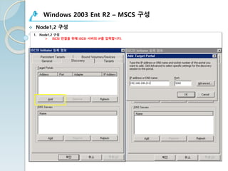 Windows 2003 Ent R2 – MSCS 구성
v Node1,2 구성
1. Node1,2 구성
Ø iSCSI 연결을 위해 iSCSI 서버의 IP를 입력합니다.
 