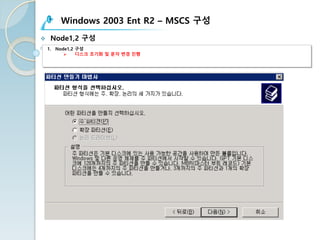 Windows 2003 Ent R2 – MSCS 구성
v Node1,2 구성
1. Node1,2 구성
Ø 디스크 초기화 및 문자 변경 진행
 