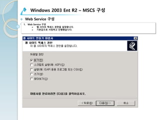 Windows 2003 Ent R2 – MSCS 구성
v Web Service 구성
1. Web Service 구성
Ø 웹 사이트 액세스 권한을 설정합니다.
Ø 기본값으로 서정하고 진행했습니다.
 