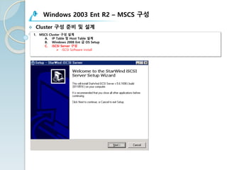 Windows 2003 Ent R2 – MSCS 구성
v Cluster 구성 준비 및 설계
1. MSCS Cluster 구성 설계
A. IP Table 및 Host Table 설계
B. Windows 2008 Ent 급 OS Setup
C. iSCSI Server 구성
Ø iSCSI Software Install
 