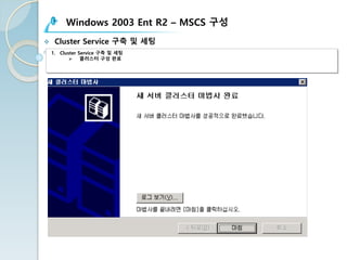 Windows 2003 Ent R2 – MSCS 구성
v Cluster Service 구축 및 세팅
1. Cluster Service 구축 및 세팅
Ø 클러스터 구성 완료
 
