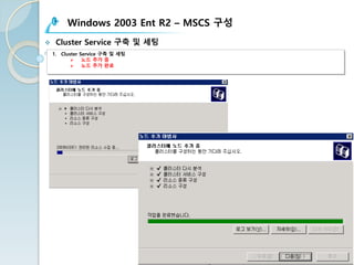 Windows 2003 Ent R2 – MSCS 구성
v Cluster Service 구축 및 세팅
1. Cluster Service 구축 및 세팅
Ø 노드 추가 중
Ø 노드 추가 완료
 