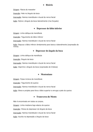 Risório
Origem: Fáscia do masseter
Inserção: Pele no ângulo da boca
Inervação: Ramos mandibular e bucal do nervo facial
Ação: Retrai o ângulo da boca lateralmente (riso forçado)

Depressor do lábio inferior
Origem: Linha oblíqua da mandíbula
Inserção: Tegumento do lábio inferior
Inervação: Ramos mandibular e bucal do nervo facial
Ação: Repuxa o lábio inferior diretamente para baixo e lateralmente (expressão de
ironia)

Depressor do ângulo da boca
Origem: Linha oblíqua da mandíbula
Inserção: Ângulo da boca
Inervação: Ramos mandibular e bucal do nervo facial
Ação: Deprime o ângulo da boca (expressão de tristeza)

Mentoniano
Origem: Fossa incisiva da mandíbula
Inserção: Tegumento do queixo
Inervação: Ramos mandibular e bucal do nervo facial
Ação: Eleva e projeta para fora o lábio superior e enruga a pele do queixo

Transverso do Mento
Não é encontrado em todos os corpos.
Origem: Linha mediana logo abaixo do queixo
Inserção: Fibras do depressor do ângulo da boca
Inervação: Ramos mandibular e bucal do nervo facial
Ação: Auxilia na depressão o ângulo da boca

 