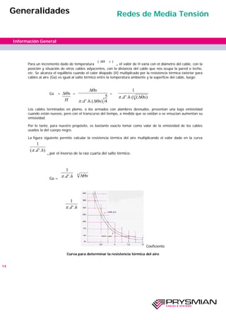 Para un incremento dado de temperatura , el valor de H varía con el diámetro del cable, con la
posición y situación de otros cables adyacentes, con la distancia del cable que nos ocupa la pared o techo,
etc. Se alcanza el equilibrio cuando el calor disipado (H) multiplicado por la resistencia térmica exterior para
cables al aire (Ga) es igual al salto térmico entre la temperatura ambiente y la superficie del cable, luego:
Ga = = =
Los cables terminados en plomo, o los armados con alambres desnudos, presentan una baja emisividad
cuando están nuevos, pero con el transcurso del tiempo, a medida que se oxidan o se ensucian aumentan su
emisividad.
Por lo tanto, para nuestro propósito, es bastante exacto tomar como valor de la emisividad de los cables
usados la del cuerpo negro.
La figura siguiente permite calcular la resistencia térmica del aire multiplicando el valor dado en la curva
, por el inverso de la raíz cuarta del salto térmico:
Ga =
Coeficiente
Curva para determinar la resistencia térmica del aire
)( s∆Θ
1
( . '. )π d h
1
π. '.d h ∆Θs4
14
Información General
Generalidades Redes de Media Tensión
∆Θs
H
∆Θ
∆Θ
s
d h sπ. '. .( ) 4
5
1
4π. '. .( ( )d h s∆Θ
1
π. '.d h
 