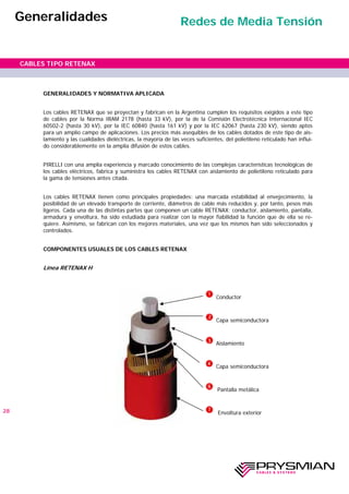 GENERALIDADES Y NORMATIVA APLICADA
Los cables RETENAX que se proyectan y fabrican en la Argentina cumplen los requisitos exigidos a este tipo
de cables por la Norma IRAM 2178 (hasta 33 kV), por la de la Comisión Electrotécnica Internacional IEC
60502-2 (hasta 30 kV), por la IEC 60840 (hasta 161 kV) y por la IEC 62067 (hasta 230 kV), siendo aptos
para un amplio campo de aplicaciones. Los precios más asequibles de los cables dotados de este tipo de ais-
lamiento y las cualidades dieléctricas, la mayoría de las veces suficientes, del polietileno reticulado han influi-
do considerablemente en la amplia difusión de estos cables.
PIRELLI con una amplia experiencia y marcado conocimiento de las complejas características tecnológicas de
los cables eléctricos, fabrica y suministra los cables RETENAX con aislamiento de polietileno reticulado para
la gama de tensiones antes citada.
Los cables RETENAX tienen como principales propiedades: una marcada estabilidad al envejecimiento, la
posibilidad de un elevado transporte de corriente, diámetros de cable más reducidos y, por tanto, pesos más
ligeros. Cada una de las distintas partes que componen un cable RETENAX: conductor, aislamiento, pantalla,
armadura y envoltura, ha sido estudiada para realizar con la mayor fiabilidad la función que de ella se re-
quiere. Asimismo, se fabrican con los mejores materiales, una vez que los mismos han sido seleccionados y
controlados.
COMPONENTES USUALES DE LOS CABLES RETENAX
Línea RETENAX H
Conductor
Capa semiconductora
Aislamiento
Capa semiconductora
5Pantalla metálica
Envoltura exterior28
CABLES TIPO RETENAX
Generalidades Redes de Media Tensión
 
