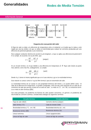 Esquema de evacuación del calor
El flujo de calor se debe a la diferencia de temperatura entre el conductor y el medio que le rodea y está
regido por una ley similar a la que se utiliza en electricidad para evaluar las corrientes producidas por una
diferencia de potencial aplicada a una resistencia.
Para cualquier conductor eléctrico de sección A y de longitud L, al que se aplica una diferencia de potencial D
V se cumple, de acuerdo a la Ley de Ohm, que:
(amper)
En un circuito térmico, en el que debido a una diferencia de temperatura ∆ θ fluye calor desde un punto
más caliente a otro más frío, análogamente, se cumple:
(watt)
Donde A y L tienen el mismo significado que en el caso eléctrico y gt es la resistividad térmica.
Esta relación se conoce como la “Ley de Ohm térmica” para la transmisión del calor.
La resistividad térmica de un cuerpo es una propiedad intrínseca del mismo, y se puede definir como: “el
valor de la diferencia de temperatura, en grados centígrados, entre las dos caras opuestas de un cubo de un
centímetro de lado que permite el paso de un watt de calor”, se mide en (ºC . cm / W). La resistencia térmi-
ca se mide en ohm térmicos (Ωt).
Con estos principios, los problemas de fluencia de calor pueden convertirse, en general, en problemas de
electricidad de corriente continua, considerando análogos los siguientes términos:
08
Información General
Generalidades Redes de Media Tensión
I
V V A
g l
= =
∆ ∆
Re
.
.
h
Gt
A
gt L
= =
∆Θ ∆Θ.
.
Circuito térmico Circuito eléctrico
Flujo de calor (Watt) Corriente eléctrica (amper)
Salto térmico (ºC) Caída de tensión (Volt)
Resistividad térmica ( ºC . cm / W) Resistividad eléctrica (Ω . cm).
Resistencia térmica (Ωt) Resistencia eléctrica (Ω).
Líneas isotermas Líneas equipotenciales
Líneas de flujo de calor Líneas de flujo de corriente
 